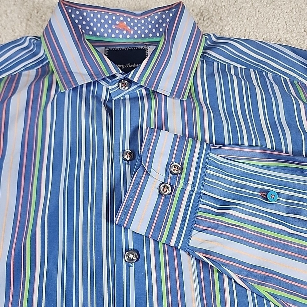 Tommy Bahama Mens Button Down Shirt XL Striped 100% Cotton LS Blue Wht Beachy